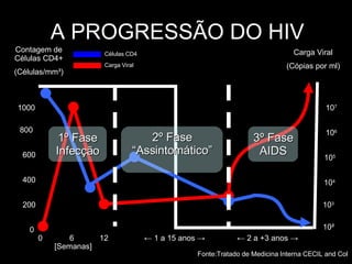 A PROGRESSÃO DO HIV 0 0 200 400 600 800 1000 6 12  ←  1 a 15 anos  -> ←  2 a +3 anos  -> [Semanas]  Contagem de Células CD4+ (Células/mm³) Carga Viral (Cópias por ml) 10 ² 10 3 10 4 10 5 10 6 10 7 Células CD4 Carga Viral 2º Fase “ Assintomático” 3º Fase AIDS 1º Fase Infecção Fonte:Tratado de Medicina Interna CECIL and Col 