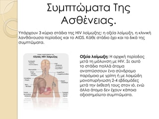 Συμπτώματα Της
Ασθένειας.
Υπάρχουν 3 κύρια στάδια της HIV λοίμωξης: η οξεία λοίμωξη, η κλινική
λανθάνουσα περίοδος και το AIDS. Κάθε στάδιο έχει και τα δικά της
συμπτώματα.
Οξεία λοίμωξη: Η αρχική περίοδος
μετά τη μόλυνση με HIV. Σε αυτό
το στάδιο πολλά άτομα
αναπτύσσουν ένα σύνδρομο
παρόμοιο με γρίπη ή με λοιμώδη
μονοπυρήνωση 2-4 εβδομάδες
μετά την έκθεσή τους στον ιό, ενώ
άλλα άτομα δεν έχουν κάποια
αξιοσημείωτα συμπτώματα.

 