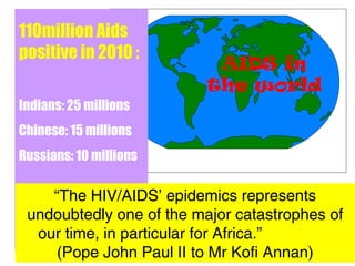 110million Aids
positive in 2010 :
                           AIDS in
                          the world
Indians: 25 millions
Chinese: 15 millions
Russians: 10 millions

    “The HIV/AIDS’ epidemics represents
 undoubtedly one of the major catastrophes of
  our time, in particular for Africa.”
     (Pope John Paul II to Mr Kofi Annan)
 