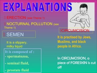  ERECTION (see Theme 1)
 NOCTURNAL POLLUTION (see
Theme 1)
                             CIRCUMCISION
 SEMEN                    It is practised by Jews,
 It is a slippery,         Muslims, and black
 milky liquid              people in Africa.
It is composed of :
- spermatozoa,
                           In CIRCUMCISION, a
- seminal fluid,           piece of FORESKIN is cut
                           off
- prostate fluid
 
