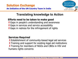 Efforts need to be taken to make good  Gaps in people’s understanding and awareness Gaps in services and service accessibility Gaps in redress for the infringement of rights Translating knowledge to Action   Services Required  Establishment of community-based legal aid services Training and support for existing legal aid institutions Training for members of NGOs and CBOs in HIV and humans rights concerns 