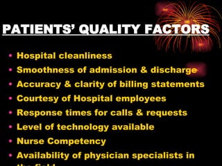 PATIENTS’ QUALITY FACTORS   Hospital cleanliness Smoothness of admission & discharge Accuracy & clarity of billing statements Courtesy of Hospital employees Response times for calls & requests Level of technology available  Nurse Competency Availability of physician specialists in the field 