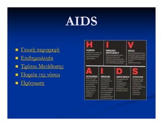 AIDSAIDS
Γενική περιγραφήΓενική περιγραφή
ΕπιδηµιολογίαΕπιδηµιολογία
Τρόποι ΜετάδοσηςΤρόποι ΜετάδοσηςΤρόποι ΜετάδοσηςΤρόποι Μετάδοσης
Πορεία της νόσουΠορεία της νόσου
ΠρόγνωσηΠρόγνωση
 