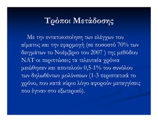 Τρό οι ΜετάδοσηςΤρό οι Μετάδοσης
Με την εντατικοποίηση των ελέγχων τουΜε την εντατικοποίηση των ελέγχων του
αίµατος και την εφαρµογή (σε ποσοστό 70% τωναίµατος και την εφαρµογή (σε ποσοστό 70% των
δειγµάτων το Νοέµβριο του 2007 ) της µεθόδουδειγµάτων το Νοέµβριο του 2007 ) της µεθόδου
ΝΑΤ οι περιπτώσεις τα τελευταία χρόνιαΝΑΤ οι περιπτώσεις τα τελευταία χρόνιαΝΑΤ οι περιπτώσεις τα τελευταία χρόνιαΝΑΤ οι περιπτώσεις τα τελευταία χρόνια
µειώθηκαν και αποτελούν 0,5µειώθηκαν και αποτελούν 0,5--1% του συνόλου1% του συνόλου
των δηλωθέντων µολύνσεων (1των δηλωθέντων µολύνσεων (1--3 περιστατικά το3 περιστατικά το
χρόνο, που κατά κύριο λόγο αφορούν µεταγγίσειςχρόνο, που κατά κύριο λόγο αφορούν µεταγγίσεις
που έγιναν στο εξωτερικό).που έγιναν στο εξωτερικό).
 