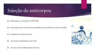 Injeção de anticorpos
 Publicado em setembro na NATURE
 anticorpos com uma incomum potência para enfrentar o vírus da AIDS
 Injeção em macacos rhesus
 18 animais infectados com o SIV
 13 com níveis indetectáveis do vírus
 