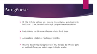 Patogênese
 O HIV infecta células do sistema imunológico, principalmente
linfócitos T CD4+, causando destruição progressiva dessas células.
 Pode infectar também macrófagos e células dendríticas.
 A infecção se estabelece nos tecidos linfóides
 Há uma disseminação progressiva do HIV do local da infecção para
os tecidos linfoides por todo o corpo (infecção aguda).
 