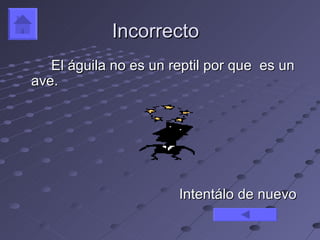 Incorrecto
   El águila no es un reptil por que es un
ave.




                       Intentálo de nuevo
 