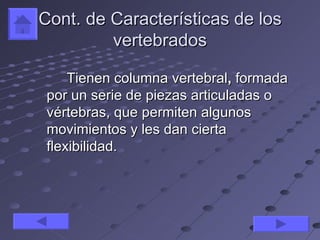 Cont. de Características de los
         vertebrados

     Tienen columna vertebral, formada
 por un serie de piezas articuladas o
 vértebras, que permiten algunos
 movimientos y les dan cierta
 flexibilidad.
 