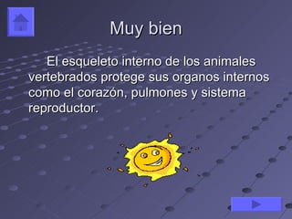 Muy bien
   El esqueleto interno de los animales
vertebrados protege sus organos internos
como el corazón, pulmones y sistema
reproductor.
 