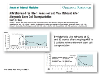 Ann Intern Med 2014;161:319-27.
Symptomatic viral rebound at 12
and 32 weeks after stopping ART in
2 patients who underwent stem cell
transplantation
 