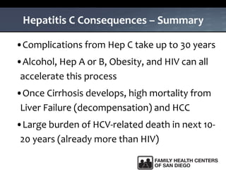 Hepatitis C Consequences – Summary
•Complications from Hep C take up to 30 years
•Alcohol, Hep A or B, Obesity, and HIV can all
accelerate this process
•Once Cirrhosis develops, high mortality from
Liver Failure (decompensation) and HCC
•Large burden of HCV-related death in next 10-
20 years (already more than HIV)
 