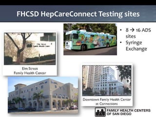 FHCSD HepCareConnect Testing sites
• 8  16 ADS
sites
• Syringe
Exchange
 