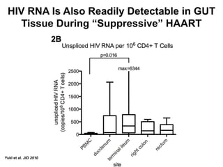 Yukl et al. JID 2010
HIV RNA Is Also Readily Detectable in GUT
Tissue During “Suppressive” HAART
 