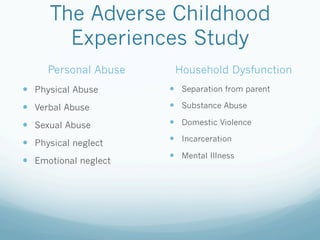 The Adverse Childhood
Experiences Study
Personal Abuse
!  Physical Abuse
!  Verbal Abuse
!  Sexual Abuse
!  Physical neglect
!  Emotional neglect
Household Dysfunction
!  Separation from parent
!  Substance Abuse
!  Domestic Violence
!  Incarceration
!  Mental Illness
 
