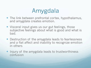 Amygdala
!  The link between prefrontal cortex, hypothalamus,
and amygdala creates emotion.
!  Visceral input gives us our gut feelings, those
subjective feelings about what is good and what is
bad.
!  Destruction of the amygdala leads to fearlessness
and a flat affect and inability to recognize emotion
in others
!  Injury of the amygdala leads to trustworthiness
confusion
 