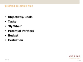 Creating an Action Plan




•    Objectives/Goals
•    Tasks
•    ‘By When’
•    Potential Partners
•    Budget
•    Evaluation




Page 13
                          © 2010
 
