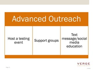 Advanced Outreach
                                        Text
   Host a testing                  message/social
                    Support groups
      event                            media
                                     education




Page 19
                                                    © 2010
 