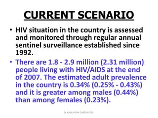 Dr.KANUPRIYA CHATURVEDI
CURRENT SCENARIO
• HIV situation in the country is assessed
and monitored through regular annual
sentinel surveillance established since
1992.
• There are 1.8 - 2.9 million (2.31 million)
people living with HIV/AIDS at the end
of 2007. The estimated adult prevalence
in the country is 0.34% (0.25% - 0.43%)
and it is greater among males (0.44%)
than among females (0.23%).
 