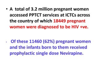 • A total of 3.2 million pregnant women
accessed PPTCT services at ICTCs across
the country of which 18449 pregnant
women were diagnosed to be HIV +ve.
• Of these 11460 (62%) pregnant women
and the infants born to them received
prophylactic single dose Nevirapine.
 