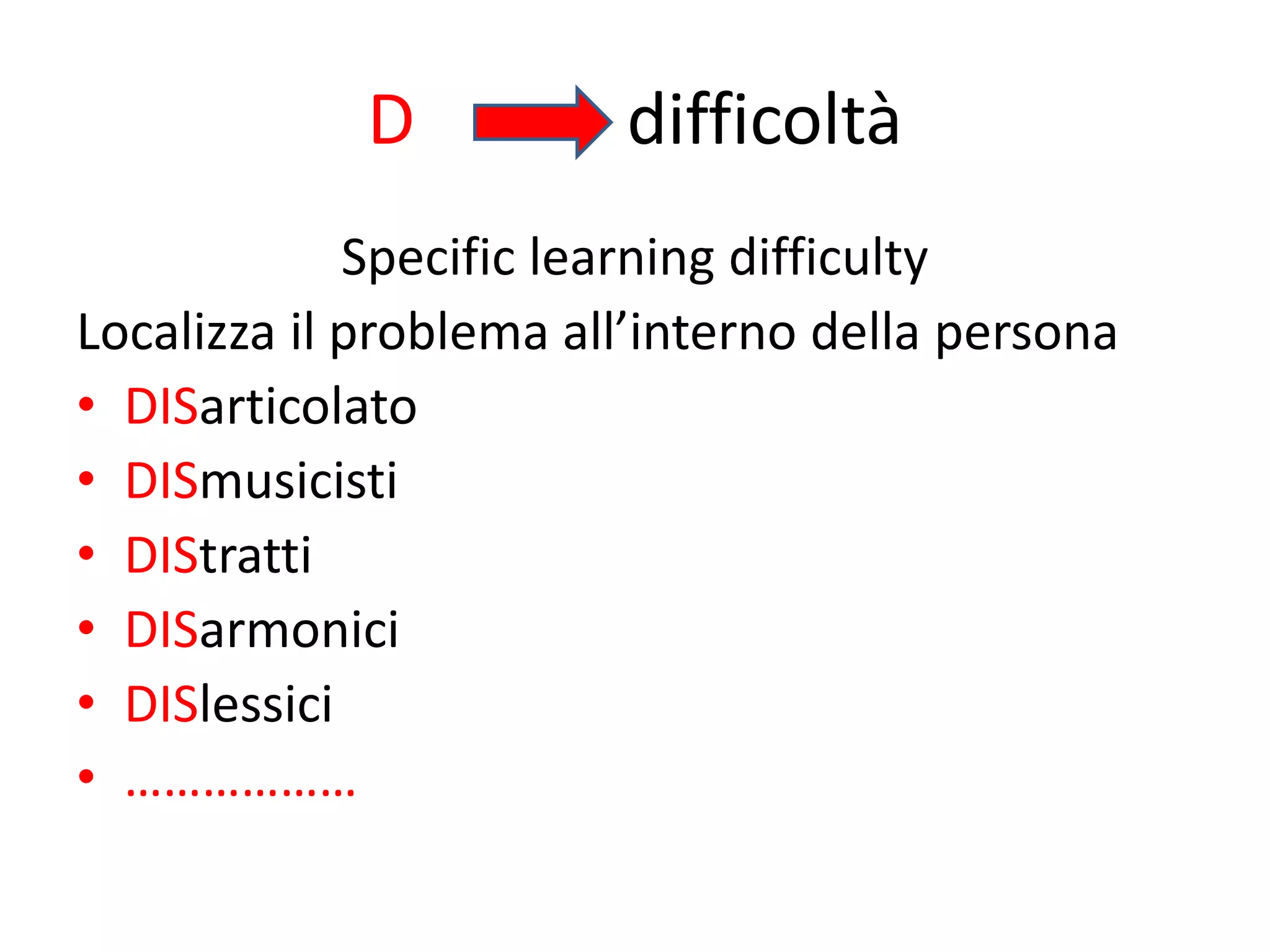 D difficoltà
Specific learning difficulty
Localizza il problema all’interno della persona
• DISarticolato
• DISmusicisti
• DIStratti
• DISarmonici
• DISlessici
• ………………
 