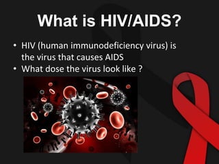 What is HIV/AIDS?
• HIV (human immunodeficiency virus) is
the virus that causes AIDS
• What dose the virus look like ?
 