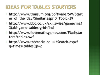  http://www.transum.org/Software/SW/Start 
er_of_the_day/Similar.asp?ID_Topic=39 
 http://www.bbc.co.uk/skillswise/game/ma1 
3tabl-game-tables-grid-find 
 http://www.ilovemathsgames.com/Flashstar 
ters/tables.swf 
 http://www.topmarks.co.uk/Search.aspx? 
q=times+tables&p=2 
