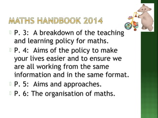  P. 3: A breakdown of the teaching 
and learning policy for maths. 
 P. 4: Aims of the policy to make 
your lives easier and to ensure we 
are all working from the same 
information and in the same format. 
 P. 5: Aims and approaches. 
 P. 6: The organisation of maths. 
 