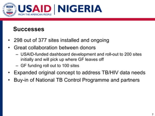 Successes
• 298 out of 377 sites installed and ongoing
• Great collaboration between donors
– USAID-funded dashboard devel...