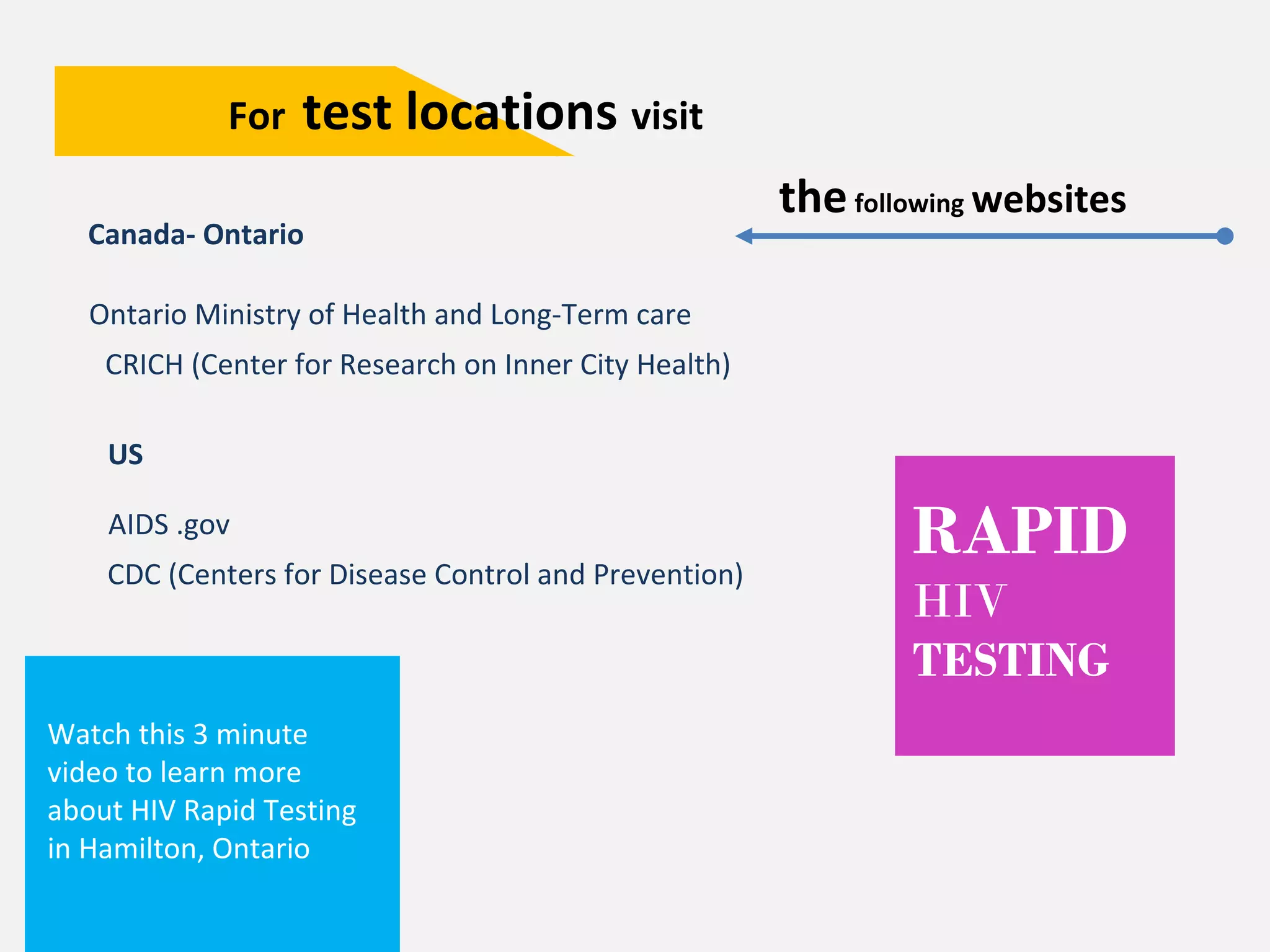For test locations visit 
Canada- Ontario 
Ontario Ministry of Health and Long-Term care 
CRICH (Center for Research on Inner City Health) 
US 
AIDS .gov 
CDC (Centers for Disease Control and Prevention) 
Watch this 3 minute 
video to learn more 
about HIV Rapid Testing 
in Hamilton, Ontario 
the following websites 
RAPID 
HIV 
TESTING 
 