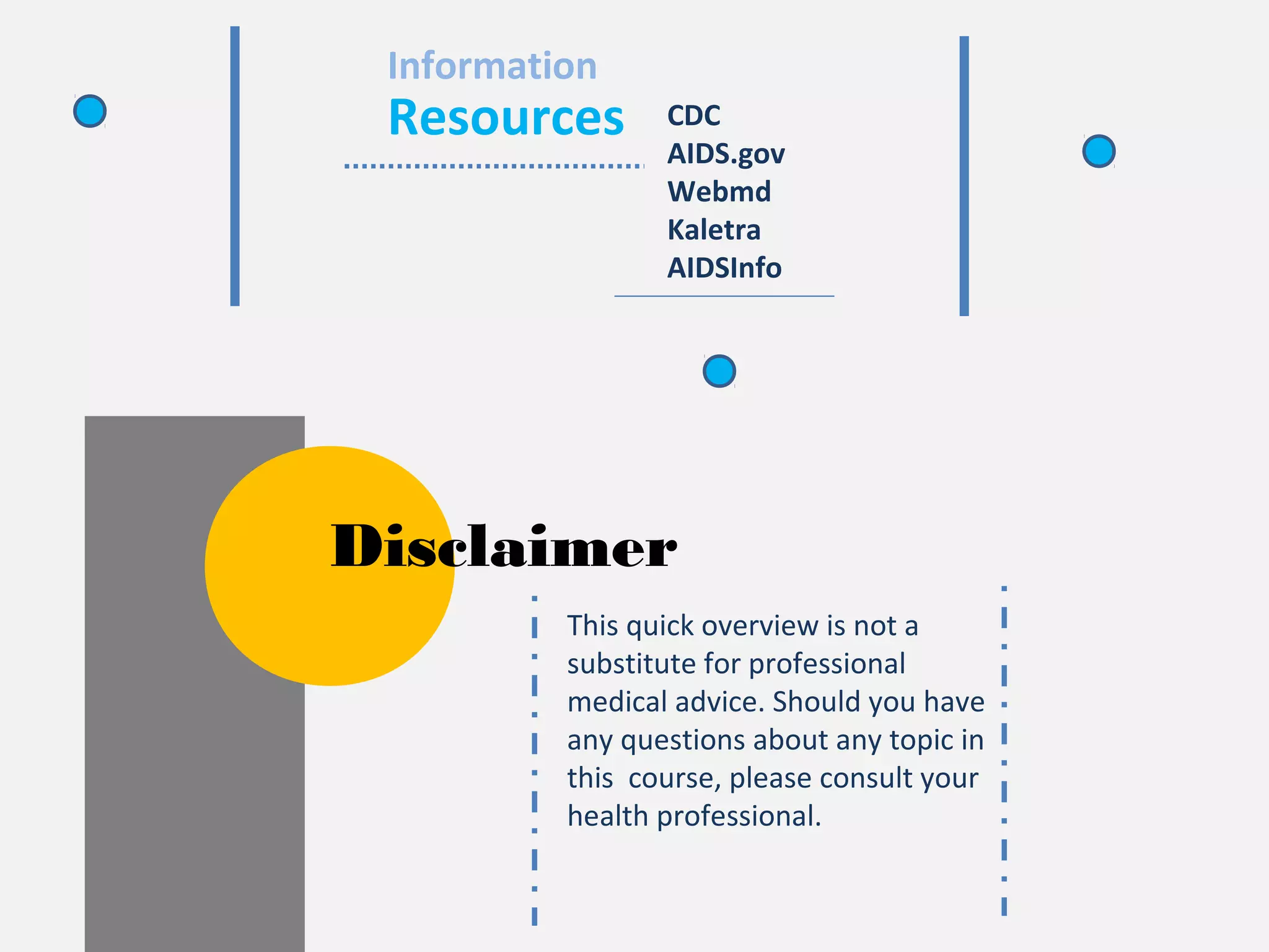Information 
CDC 
AIDS.gov 
Webmd 
Kaletra 
AIDSInfo 
Resources 
Disclaimer 
This quick overview is not a 
substitute for professional 
medical advice. Should you have 
any questions about any topic in 
this course, please consult your 
health professional. 
 