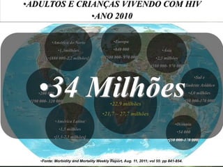 •ADULTOS E CRIANÇAS VIVENDO COM HIV
              •ANO 2010

             •América do Norte                  •Europa

                  •1,3milhões                   •840 000                    •Ásia
           •[880 000-2,2 milhões]         •[580 000- 970 000]           •2,3 milhões
                                                                     •[580 000- 970 000]




      •34 Milhões
                                                                                                 •Sul e
      •Caribe                                                                              • Sudeste Asiático
      •200 000                                    •África                                     •4,0 milhões
 •[190 000- 320 000]                                                                       •[50 000-170 000]
                                              •22,9 milhões
                                          •21,7 – 27,7 milhões
                 •América Latina
                                                                                    •Oceania
                  •1,5 milhões
                                                                                    •54 000
                •[1,3-2,5 milhões]
                                                                               •[50 000-170 000]



       •Fonte: Morbidity and Mortality Weekly Report, Aug. 11, 2011; vol 55: pp 841-854.
 