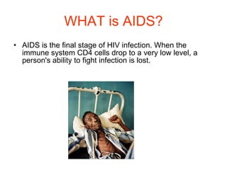 WHAT is AIDS? AIDS is the final stage of HIV infection. When the immune system CD4 cells drop to a very low level, a person's ability to fight infection is lost.  