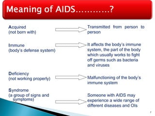 Acquired 
(not born with) 
Immune 
(body’s defense system) 
Deficiency 
(not working properly) 
Syndrome 
(a group of signs and 
symptoms) 
7 
Transmitted from person to 
person 
It affects the body’s immune 
system, the part of the body 
which usually works to fight 
off germs such as bacteria 
and viruses 
Malfunctioning of the body’s 
immune system 
Someone with AIDS may 
experience a wide range of 
different diseases and OIs 
 