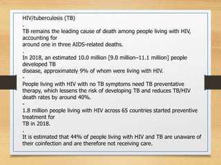 HIV/tuberculosis (TB)
.
TB remains the leading cause of death among people living with HIV,
accounting for
around one in three AIDS-related deaths.
.
In 2018, an estimated 10.0 million [9.0 million–11.1 million] people
developed TB
disease, approximately 9% of whom were living with HIV.
-
People living with HIV with no TB symptoms need TB preventative
therapy, which lessens the risk of developing TB and reduces TB/HIV
death rates by around 40%.
-
1.8 million people living with HIV across 65 countries started preventive
treatment for
TB in 2018.
.
It is estimated that 44% of people living with HIV and TB are unaware of
their coinfection and are therefore not receiving care.
 