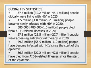 GLOBAL HIV STATISTICS
• 37.7 million [30.2 million–45.1 million] people
globally were living with HIV in 2020.
• 1.5 million [1.0 million–2.0 million] people
became newly infected with HIV in 2020.
• 680 000 [480 000–1.0 million] people died
from AIDS-related illnesses in 2020.
• 27.5 million [26.5 million–27.7 million] people
were accessing antiretroviral therapy in 2020.
• 79.3 million [55.9 million–110 million] people
have become infected with HIV since the start of the
epidemic.
• 36.3 million [27.2 million–47.8 million] people
have died from AIDS-related illnesses since the start
of the epidemic.
 