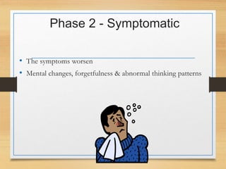 Phase 2 - Symptomatic
• The symptoms worsen
• Mental changes, forgetfulness & abnormal thinking patterns
 