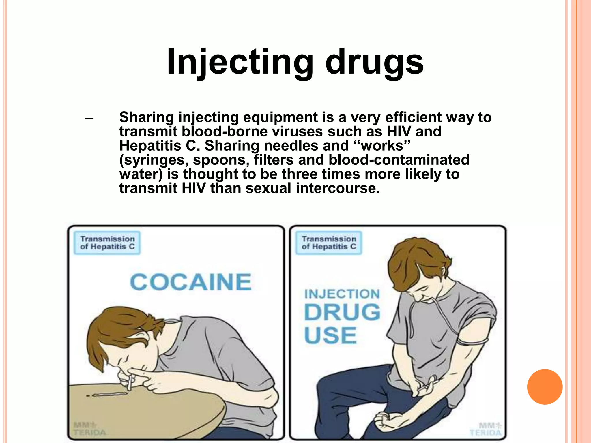 Injecting drugs
–   Sharing injecting equipment is a very efficient way to
    transmit blood-borne viruses such as HIV and
    Hepatitis C. Sharing needles and “works”
    (syringes, spoons, filters and blood-contaminated
    water) is thought to be three times more likely to
    transmit HIV than sexual intercourse.
 