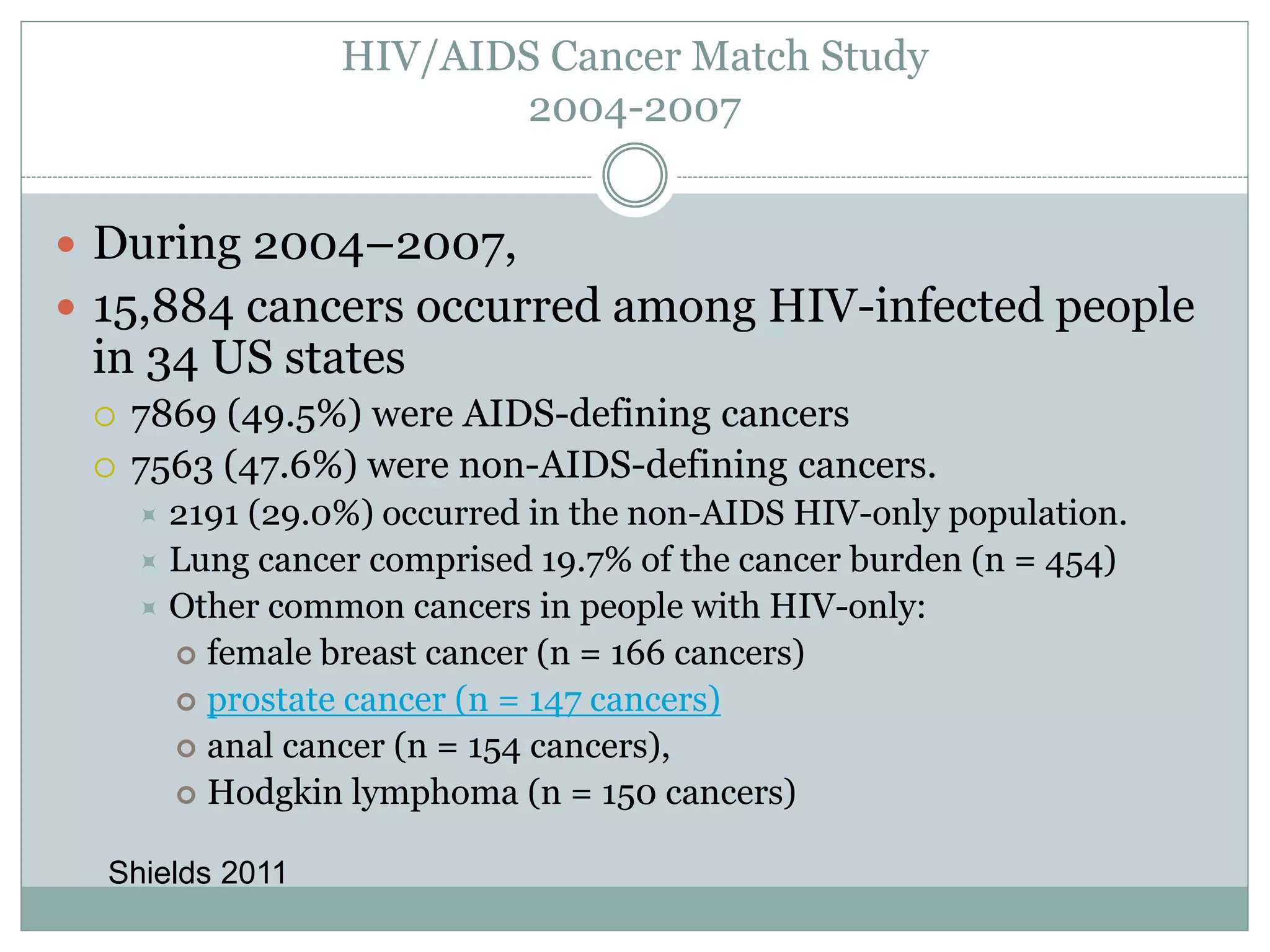 HIV/AIDS Cancer Match Study
2004-2007
 During 2004–2007,
 15,884 cancers occurred among HIV-infected people
in 34 US states
 7869 (49.5%) were AIDS-defining cancers
 7563 (47.6%) were non-AIDS-defining cancers.
 2191 (29.0%) occurred in the non-AIDS HIV-only population.
 Lung cancer comprised 19.7% of the cancer burden (n = 454)
 Other common cancers in people with HIV-only:
 female breast cancer (n = 166 cancers)
 prostate cancer (n = 147 cancers)
 anal cancer (n = 154 cancers),
 Hodgkin lymphoma (n = 150 cancers)
Shields 2011
 