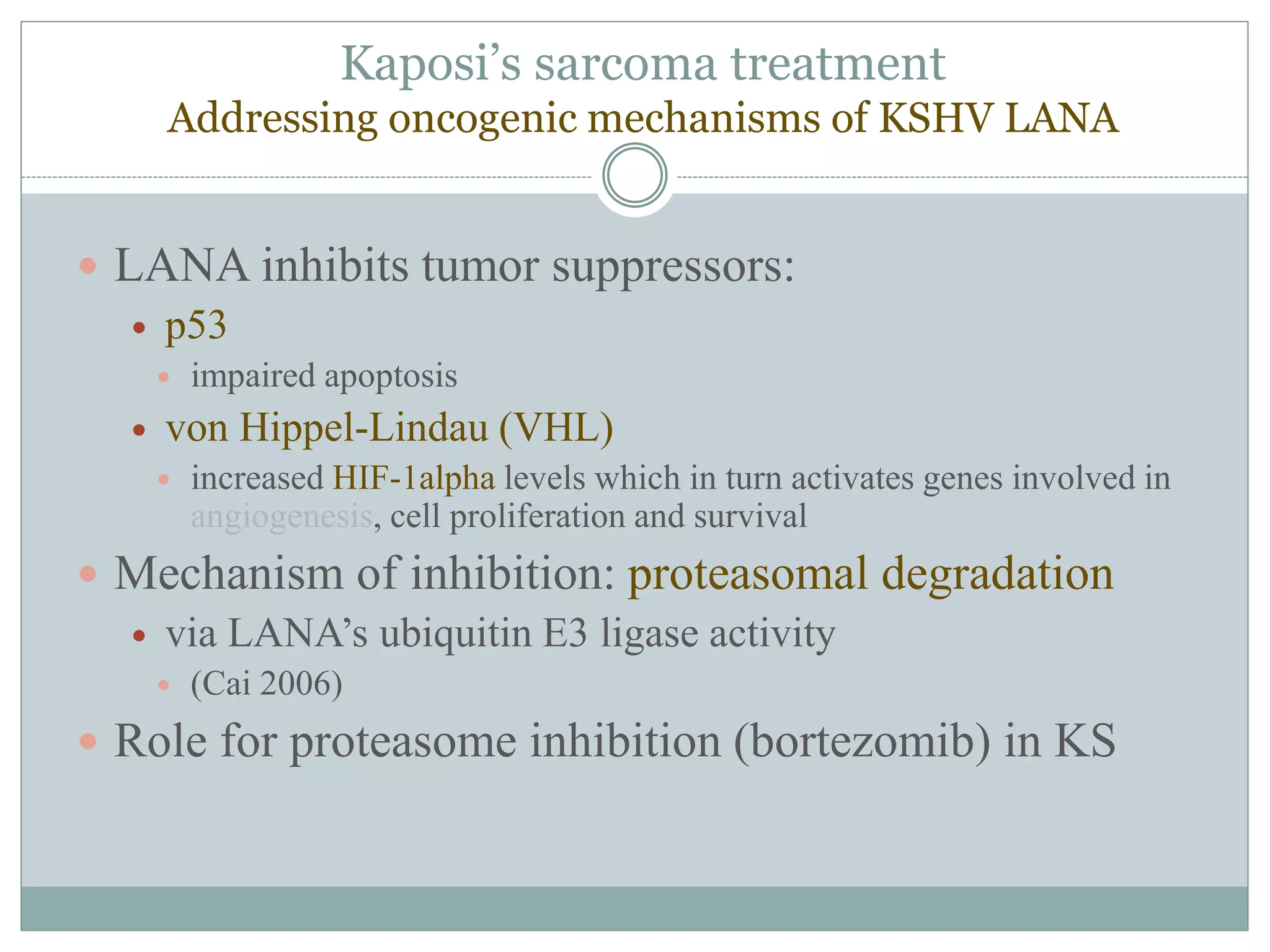 Kaposi’s sarcoma treatment
Addressing oncogenic mechanisms of KSHV LANA
 LANA inhibits tumor suppressors:
 p53
 impaired apoptosis
 von Hippel-Lindau (VHL)
 increased HIF-1alpha levels which in turn activates genes involved in
angiogenesis, cell proliferation and survival
 Mechanism of inhibition: proteasomal degradation
 via LANA’s ubiquitin E3 ligase activity
 (Cai 2006)
 Role for proteasome inhibition (bortezomib) in KS
 