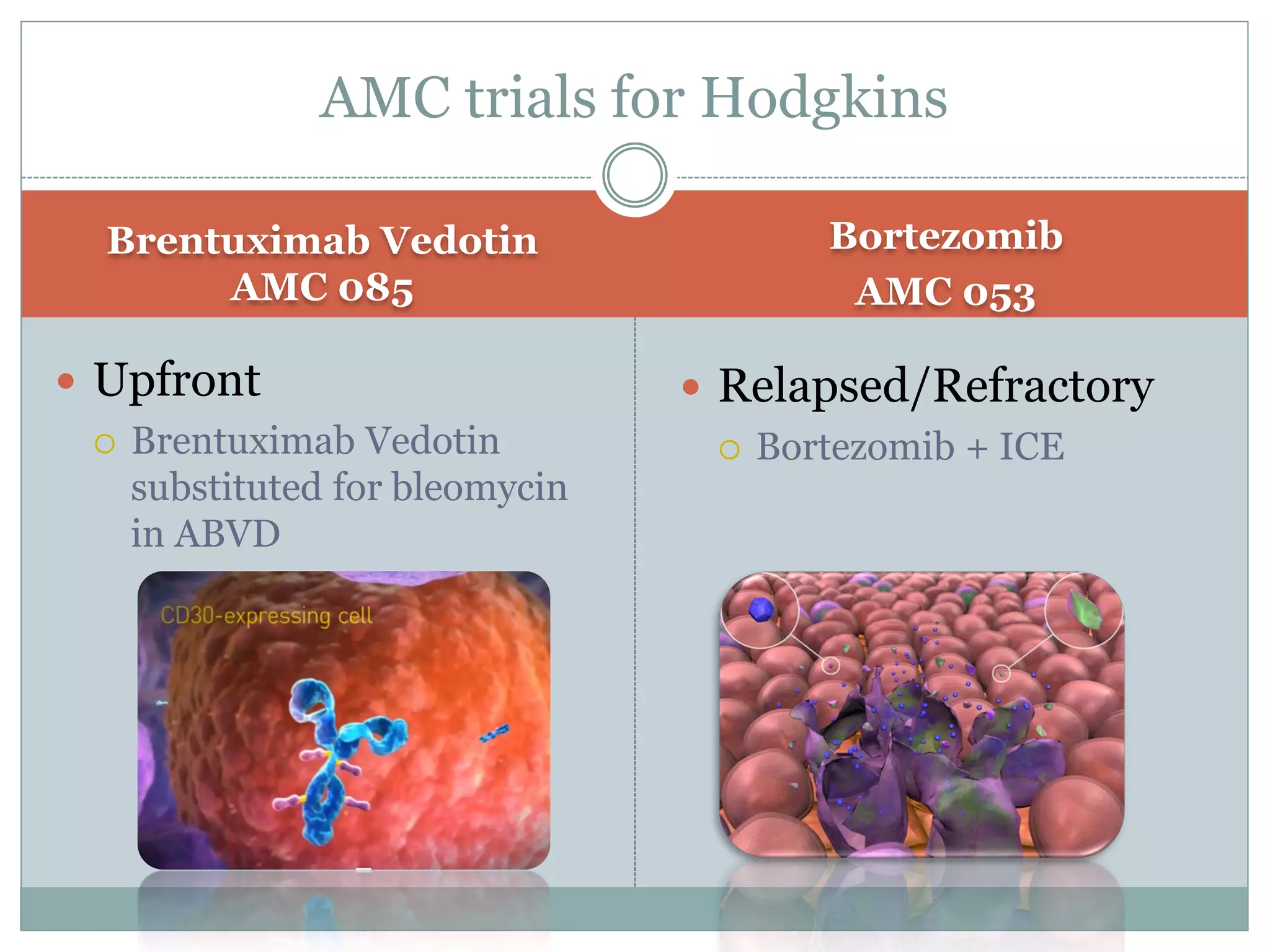 Brentuximab Vedotin
AMC 085
Bortezomib
AMC 053
 Upfront
 Brentuximab Vedotin
substituted for bleomycin
in ABVD
AMC trials for Hodgkins
 Relapsed/Refractory
 Bortezomib + ICE
 