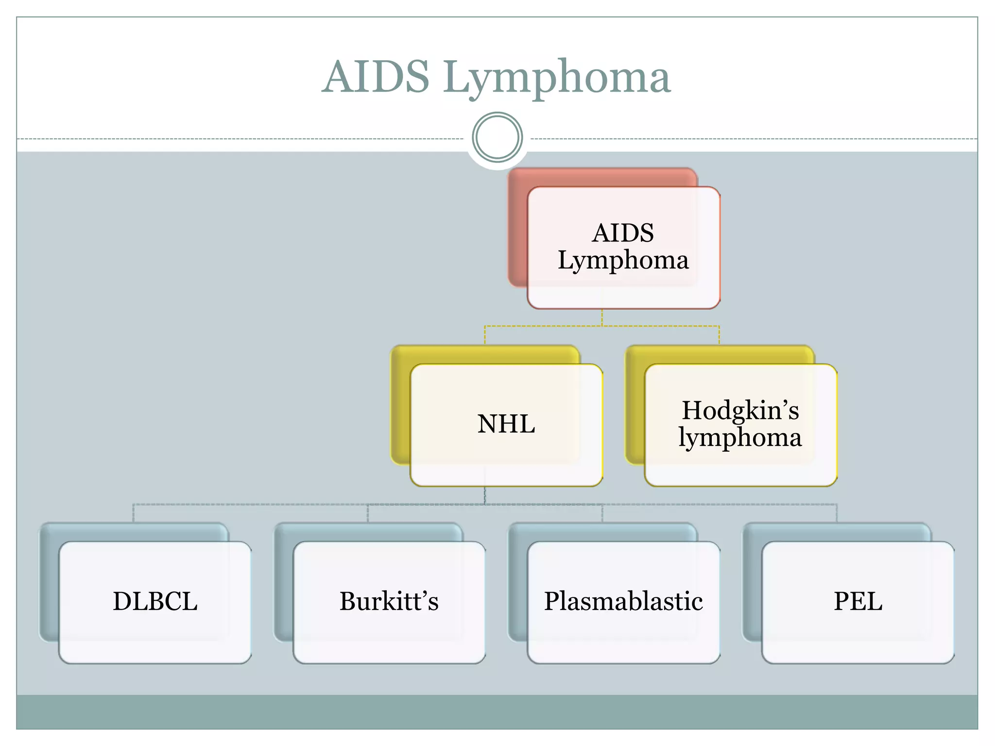 AIDS Lymphoma
AIDS
Lymphoma
NHL
DLBCL Burkitt’s Plasmablastic PEL
Hodgkin’s
lymphoma
 