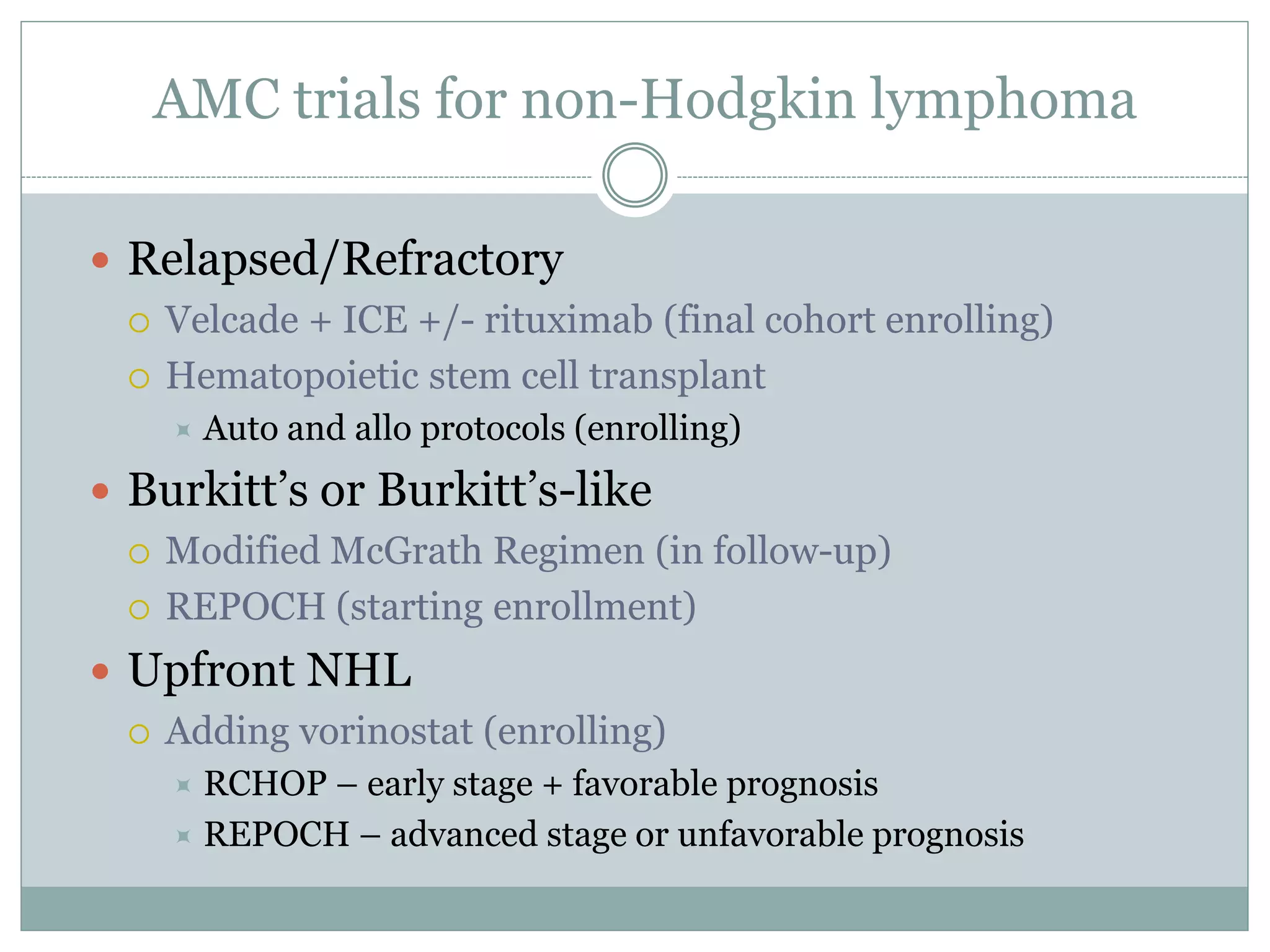AMC trials for non-Hodgkin lymphoma
 Relapsed/Refractory
 Velcade + ICE +/- rituximab (final cohort enrolling)
 Hematopoietic stem cell transplant
 Auto and allo protocols (enrolling)
 Burkitt’s or Burkitt’s-like
 Modified McGrath Regimen (in follow-up)
 REPOCH (starting enrollment)
 Upfront NHL
 Adding vorinostat (enrolling)
 RCHOP – early stage + favorable prognosis
 REPOCH – advanced stage or unfavorable prognosis
 