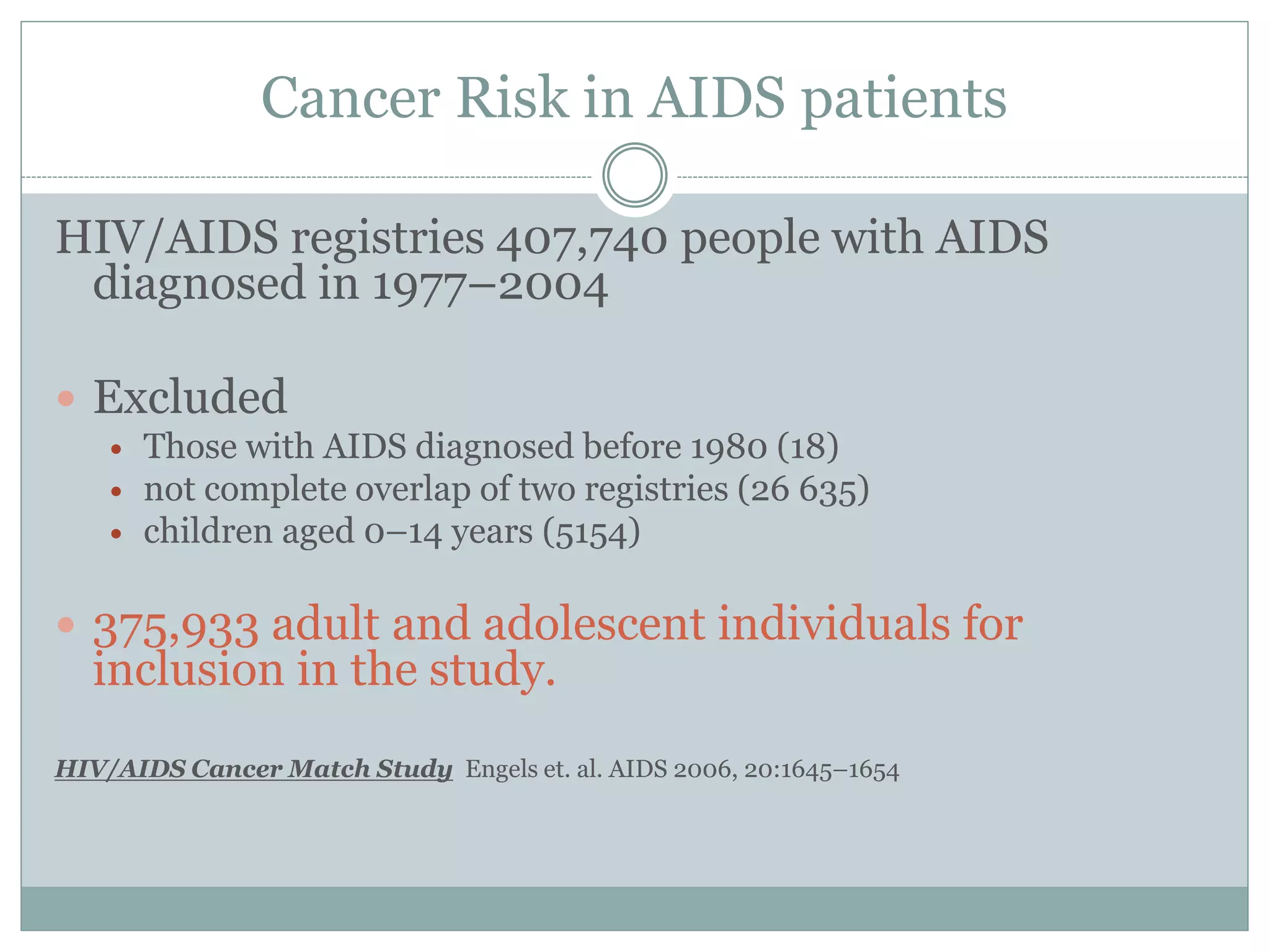 Cancer Risk in AIDS patients
HIV/AIDS registries 407,740 people with AIDS
diagnosed in 1977–2004
 Excluded
 Those with AIDS diagnosed before 1980 (18)
 not complete overlap of two registries (26 635)
 children aged 0–14 years (5154)
 375,933 adult and adolescent individuals for
inclusion in the study.
HIV/AIDS Cancer Match Study Engels et. al. AIDS 2006, 20:1645–1654
 
