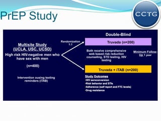 PrEP Study
Double-Blind
Multisite Study
(UCLA, USC, UCSD)
High risk HIV-negative men who
have sex with men
(n=400)
Randomization
1:1
Truvada (n=200)
Study Outcomes
•HIV seroconversion
•Risk behavior and STIs
•Adherence (self report and FTC levels)
•Drug resistance
Both receive comprehensive
web based risk reduction
counseling, STD testing, HIV
testing
Drug resistance, HIV RNA level, immunologic response, and CD4 cell count assessed in people who
become HIV positive during the study.
Grant RM, et al. N Engl J Med. 2010;363:2587-2599.
Minimum Follow-
Up 1 year
Truvada + iTAB (n=200)
Intervention ousing texting
reminders (iTAB)
 