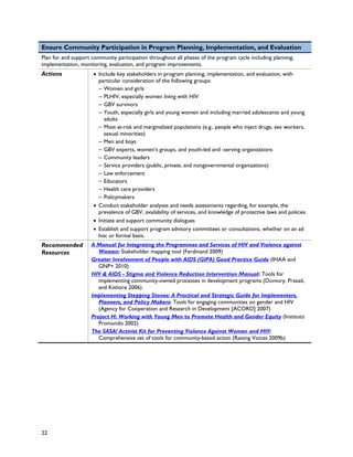 Ensure Community Participation in Program Planning, Implementation, and Evaluation
Plan for and support community participation throughout all phases of the program cycle including planning,
implementation, monitoring, evaluation, and program improvements.
Actions               • Include key stakeholders in program planning, implementation, and evaluation, with
                        particular consideration of the following groups:
                        – Women and girls
                        – PLHIV, especially women living with HIV
                        – GBV survivors
                        – Youth, especially girls and young women and including married adolescents and young
                           adults
                        – Most at-risk and marginalized populations (e.g., people who inject drugs, sex workers,
                           sexual minorities)
                        – Men and boys
                        – GBV experts, women’s groups, and youth-led and -serving organizations
                        – Community leaders
                        – Service providers (public, private, and nongovernmental organizations)
                        – Law enforcement
                        – Educators
                        – Health care providers
                        – Policymakers
                      • Conduct stakeholder analyses and needs assessments regarding, for example, the
                        prevalence of GBV, availability of services, and knowledge of protective laws and policies
                      • Initiate and support community dialogues
                      • Establish and support program advisory committees or consultations, whether on an ad
                        hoc or formal basis.
Recommended          A Manual for Integrating the Programmes and Services of HIV and Violence against
Resources               Women: Stakeholder mapping tool (Ferdinand 2009)
                     Greater Involvement of People with AIDS (GIPA) Good Practice Guide (IHAA and
                        GNP+ 2010)
                     HIV & AIDS - Stigma and Violence Reduction Intervention Manual: Tools for
                        implementing community-owned processes in development programs (Duvvury, Prasad,
                        and Kishore 2006)
                     Implementing Stepping Stones: A Practical and Strategic Guide for Implementers,
                        Planners, and Policy Makers: Tools for engaging communities on gender and HIV
                        (Agency for Cooperation and Research in Development [ACORD] 2007)
                     Project H: Working with Young Men to Promote Health and Gender Equity (Instituto
                        Promundo 2002)
                     The SASA! Activist Kit for Preventing Violence Against Women and HIV:
                        Comprehensive set of tools for community-based action (Raising Voices 2009b)




22
 