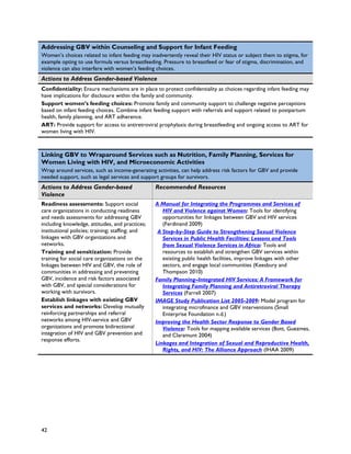 Addressing GBV within Counseling and Support for Infant Feeding
Women’s choices related to infant feeding may inadvertently reveal their HIV status or subject them to stigma, for
example opting to use formula versus breastfeeding. Pressure to breastfeed or fear of stigma, discrimination, and
violence can also interfere with women’s feeding choices.
Actions to Address Gender-based Violence
Confidentiality: Ensure mechanisms are in place to protect confidentiality as choices regarding infant feeding may
have implications for disclosure within the family and community.
Support women’s feeding choices: Promote family and community support to challenge negative perceptions
based on infant feeding choices. Combine infant feeding support with referrals and support related to postpartum
health, family planning, and ART adherence.
ART: Provide support for access to antiretroviral prophylaxis during breastfeeding and ongoing access to ART for
women living with HIV.



Linking GBV to Wraparound Services such as Nutrition, Family Planning, Services for
Women Living with HIV, and Microeconomic Activities
Wrap around services, such as income-generating activities, can help address risk factors for GBV and provide
needed support, such as legal services and support groups for survivors.
Actions to Address Gender-based                   Recommended Resources
Violence
Readiness assessments: Support social             A Manual for Integrating the Programmes and Services of
care organizations in conducting readiness           HIV and Violence against Women: Tools for identifying
and needs assessments for addressing GBV             opportunities for linkages between GBV and HIV services
including knowledge, attitudes, and practices;       (Ferdinand 2009)
institutional policies; training; staffing; and    A Step-by-Step Guide to Strengthening Sexual Violence
linkages with GBV organizations and                  Services in Public Health Facilities: Lessons and Tools
networks.                                            from Sexual Violence Services in Africa: Tools and
Training and sensitization: Provide                  resources to establish and strengthen GBV services within
training for social care organizations on the        existing public health facilities, improve linkages with other
linkages between HIV and GBV, the role of            sectors, and engage local communities (Keesbury and
communities in addressing and preventing             Thompson 2010)
GBV, incidence and risk factors associated        Family Planning–Integrated HIV Services: A Framework for
with GBV, and special considerations for             Integrating Family Planning and Antiretroviral Therapy
working with survivors.                              Services (Farrell 2007)
Establish linkages with existing GBV              IMAGE Study Publication List 2005-2009: Model program for
services and networks: Develop mutually              integrating microfinance and GBV interventions (Small
reinforcing partnerships and referral                Enterprise Foundation n.d.)
networks among HIV-service and GBV                Improving the Health Sector Response to Gender Based
organizations and promote bidirectional              Violence: Tools for mapping available services (Bott, Guezmes,
integration of HIV and GBV prevention and            and Claramunt 2004)
response efforts.
                                                  Linkages and Integration of Sexual and Reproductive Health,
                                                     Rights, and HIV: The Alliance Approach (IHAA 2009)




42
 