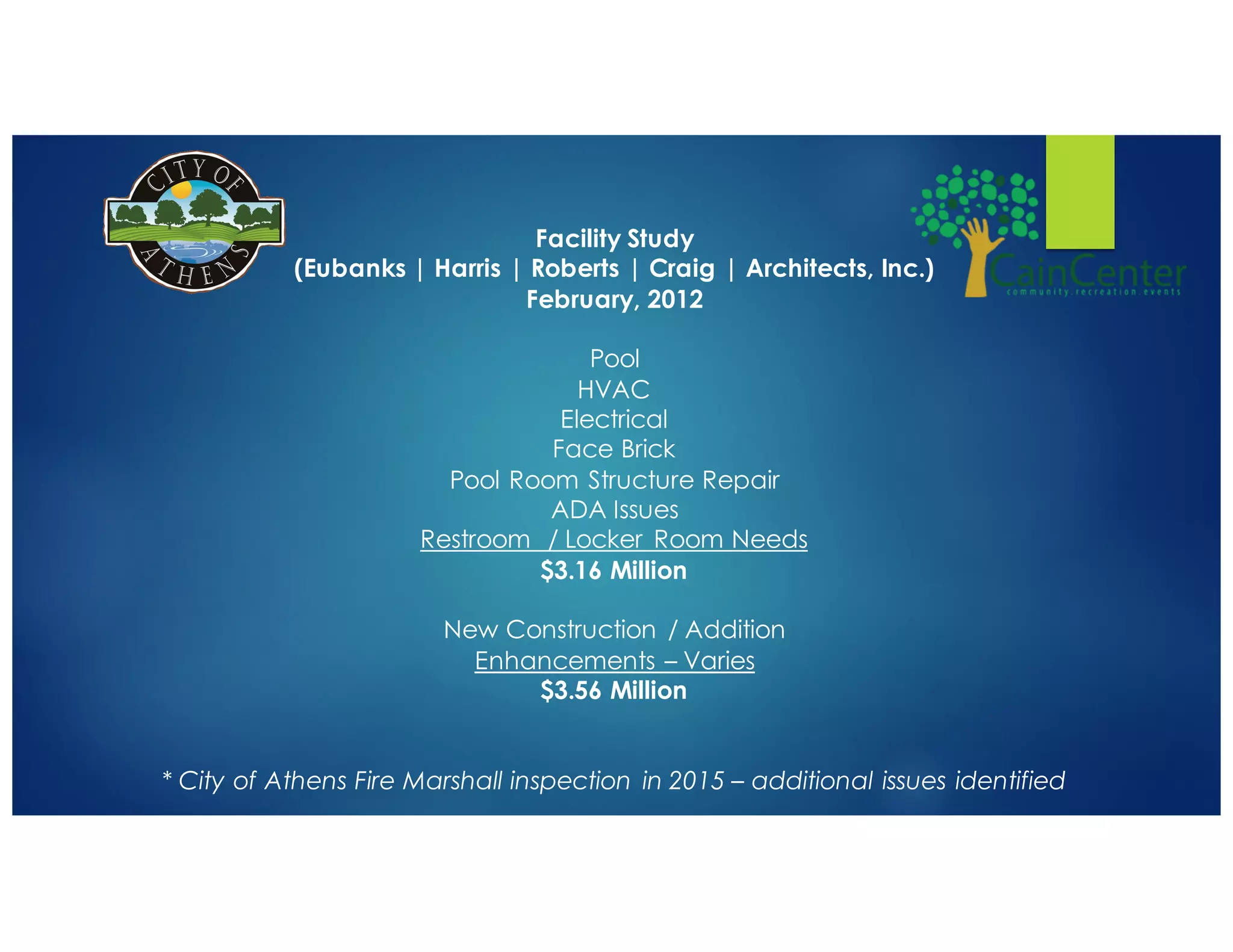 Facility Study
(Eubanks | Harris | Roberts | Craig | Architects, Inc.)
February, 2012
Pool
HVAC
Electrical
Face Brick
Pool Room Structure Repair
ADA Issues
Restroom / Locker Room Needs
$3.16 Million
New Construction / Addition
Enhancements – Varies
$3.56 Million
* City of Athens Fire Marshall inspection in 2015 – additional issues identified
 