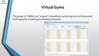 Virtual Gyms
The power of PalMa is its "engine": VirtualGyms authoring tool and Aidvanced
techniques for modeling psychological theories.

 