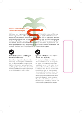 7
Einfache Infektions- und Tropen-
klausel (auf Wunsch)
Die einfache Tropenklausel umfasst die
erstmalige Infizierung mit einem Erreger
von Erkrankungen wie Malaria, Cholera,
Diphterie, Gelbfieber, Typhus, Tuberkulo-
se, Windpocken oder Hepatitis. Geschützt
sind auch die Ansteckung trotz vorheriger
Schutzimpfung sowie Impfschäden.
Spezielle Infektions- und Tropen-
klausel (auf Wunsch)
Die erweiterte Infektions- und Tropen-
klausel schützt rund um die Uhr gegen
die Folgen von Infektionskrankheiten,
unabhängig davon, wie sie in den Körper
gelangen. Die Ansteckung über Insekten-
stiche zählt dazu genauso wie die Tröpf-
cheninfektion oder die Infektion über
verunreinigtes Trinkwasser. Damit sind
ausnahmslos alle Infektions- und Tro-
penerkrankungen eingeschlossen. Auch
eine Ansteckung mit HIV ist mit dieser
Klausel versichert, falls es sich um eine
berufsbedingte Ansteckung oder um eine
Infektion über Blutkonserven handelt.
Schutz bei Infektions- undSchutz bei Infektions- und
Tropenerkrankungen
Infektions­ und Tropenerkrankungen sind in der AIDWORKER­Krankenversicherung Infektions­ und Tropenerkrankungen sind in der AIDWORKER­Krankenversicherung Infektions­ und Tropenerkrankungen sind in der AIDWORKER­Krankenversicherung Infektions­ und Tropenerkrankungen sind in der AIDWORKER­Krankenversicherung Infektions­ und Tropenerkrankungen sind in der AIDWORKER­Krankenversicherung 
immer eingeschlossen. Behandlungskosten werden also in jedem Fall übernommen. immer eingeschlossen. Behandlungskosten werden also in jedem Fall übernommen. immer eingeschlossen. Behandlungskosten werden also in jedem Fall übernommen. immer eingeschlossen. Behandlungskosten werden also in jedem Fall übernommen. 
Bei der Unfallversicherung gibt es einiges zu beachten: Es sind alle Infektionen versichert, Bei der Unfallversicherung gibt es einiges zu beachten: Es sind alle Infektionen versichert, Bei der Unfallversicherung gibt es einiges zu beachten: Es sind alle Infektionen versichert, Bei der Unfallversicherung gibt es einiges zu beachten: Es sind alle Infektionen versichert, 
bei denen Krankheitserreger durch eine Unfallverletzung oder durch eine Beschädigung bei denen Krankheitserreger durch eine Unfallverletzung oder durch eine Beschädigung bei denen Krankheitserreger durch eine Unfallverletzung oder durch eine Beschädigung 
der Haut in den Körper gelangen. Das ist zum Beispiel bei Wundstarrkrampf oder Toll­der Haut in den Körper gelangen. Das ist zum Beispiel bei Wundstarrkrampf oder Toll­der Haut in den Körper gelangen. Das ist zum Beispiel bei Wundstarrkrampf oder Toll­der Haut in den Körper gelangen. Das ist zum Beispiel bei Wundstarrkrampf oder Toll­der Haut in den Körper gelangen. Das ist zum Beispiel bei Wundstarrkrampf oder Toll­
wut der Fall. Darüber hinaus sind Infektionen durch Zeckenbiss eingeschlossen. Um wut der Fall. Darüber hinaus sind Infektionen durch Zeckenbiss eingeschlossen. Um wut der Fall. Darüber hinaus sind Infektionen durch Zeckenbiss eingeschlossen. Um 
einen noch besseren Schutz sicherzustellen, bietet AIDWORKER eine einfache und eine einen noch besseren Schutz sicherzustellen, bietet AIDWORKER eine einfache und eine 
spezielle Infektions­ und Tropenklausel in der Unfallversicherung an:spezielle Infektions­ und Tropenklausel in der Unfallversicherung an:
 