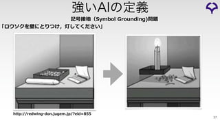 http://redwing-don.jugem.jp/?eid=855
「ロウソクを壁にとりつけ，灯してください」
記号接地（Symbol Grounding)問題
37
強いAIの定義
 